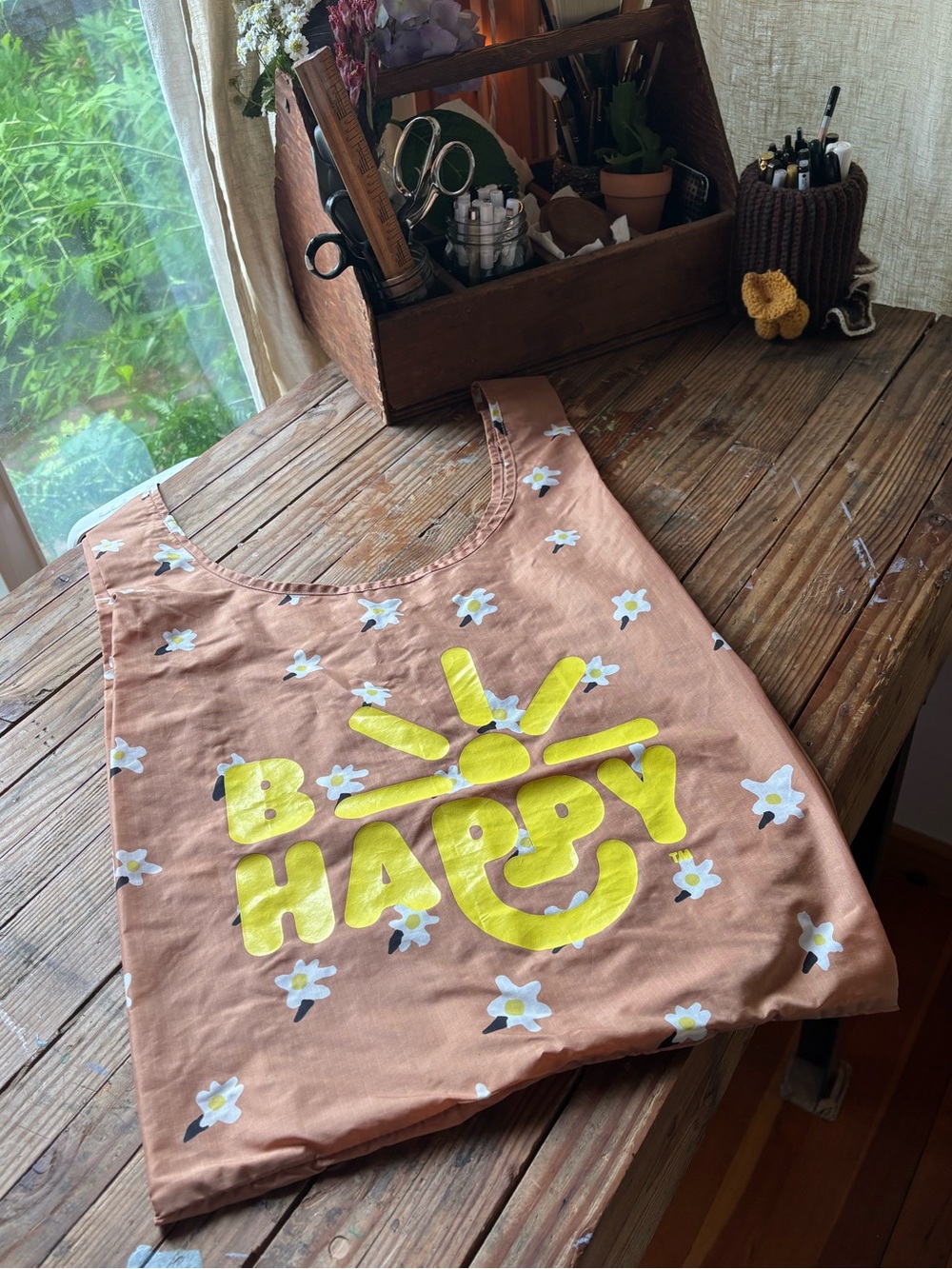 BAGGU Painted Daisy Archival Floral “Be Happy” Tote Bag